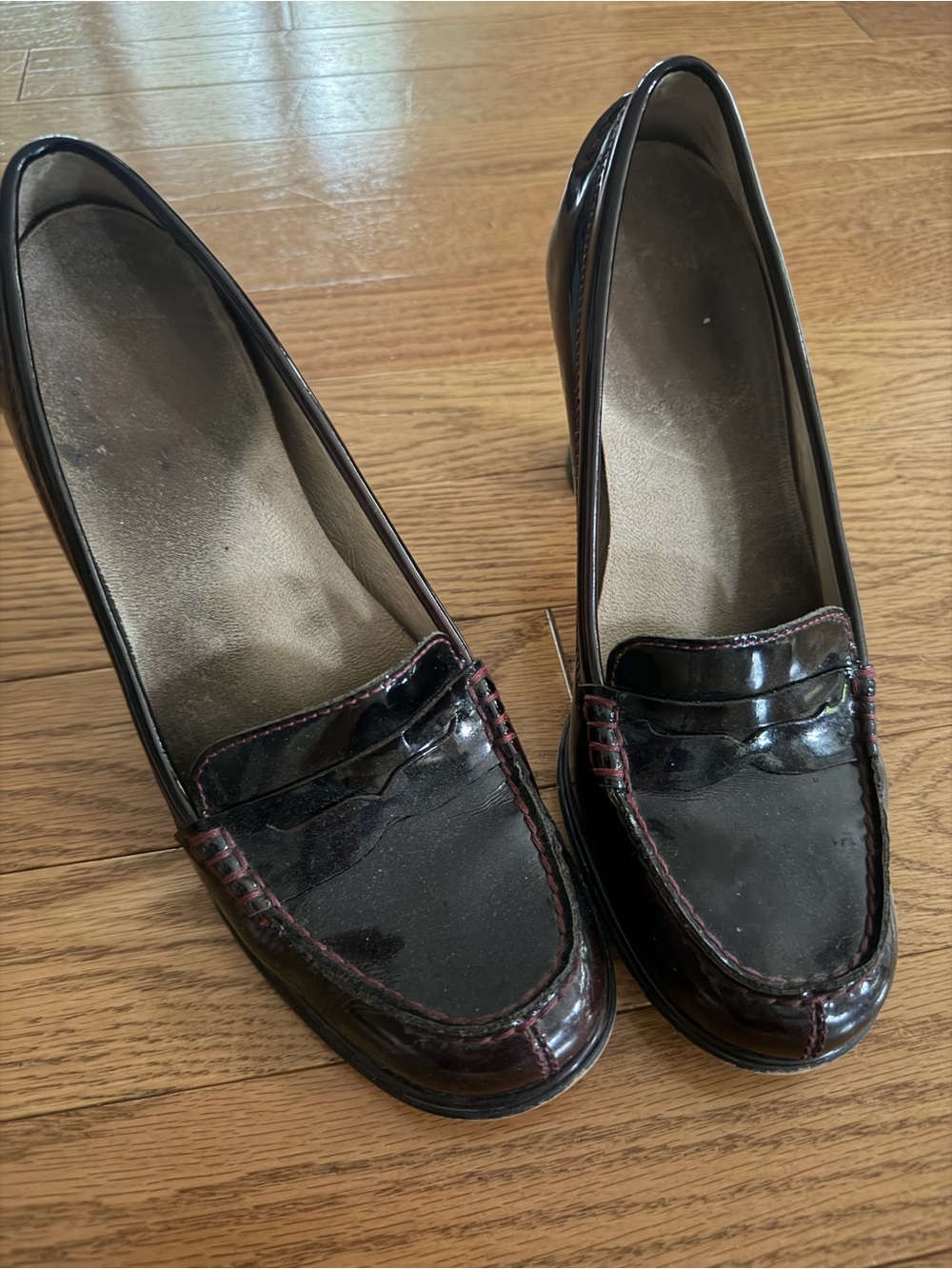 Michael Kors Burgundy Patent Leather Loafers with Red Stitching